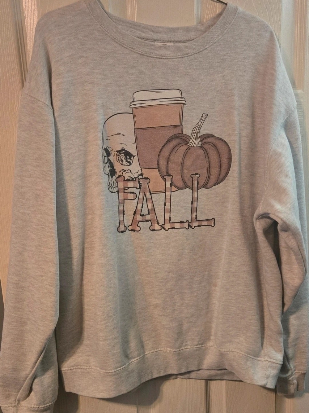 Delta Light Gray Crewneck Sweatshirt with Fall Pumpkin & Skull Graphic